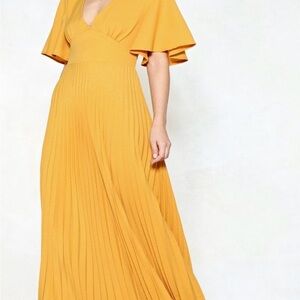 Nasty Gal Gold Pleated Maxi Dress with Plunge Neckline